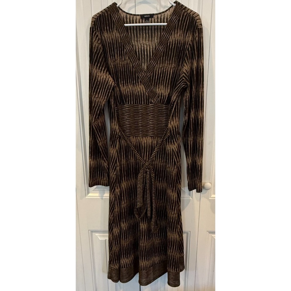 Alfani Womens XL Brown Black Textured Stripe V Neck Tie Waist Midi Dress